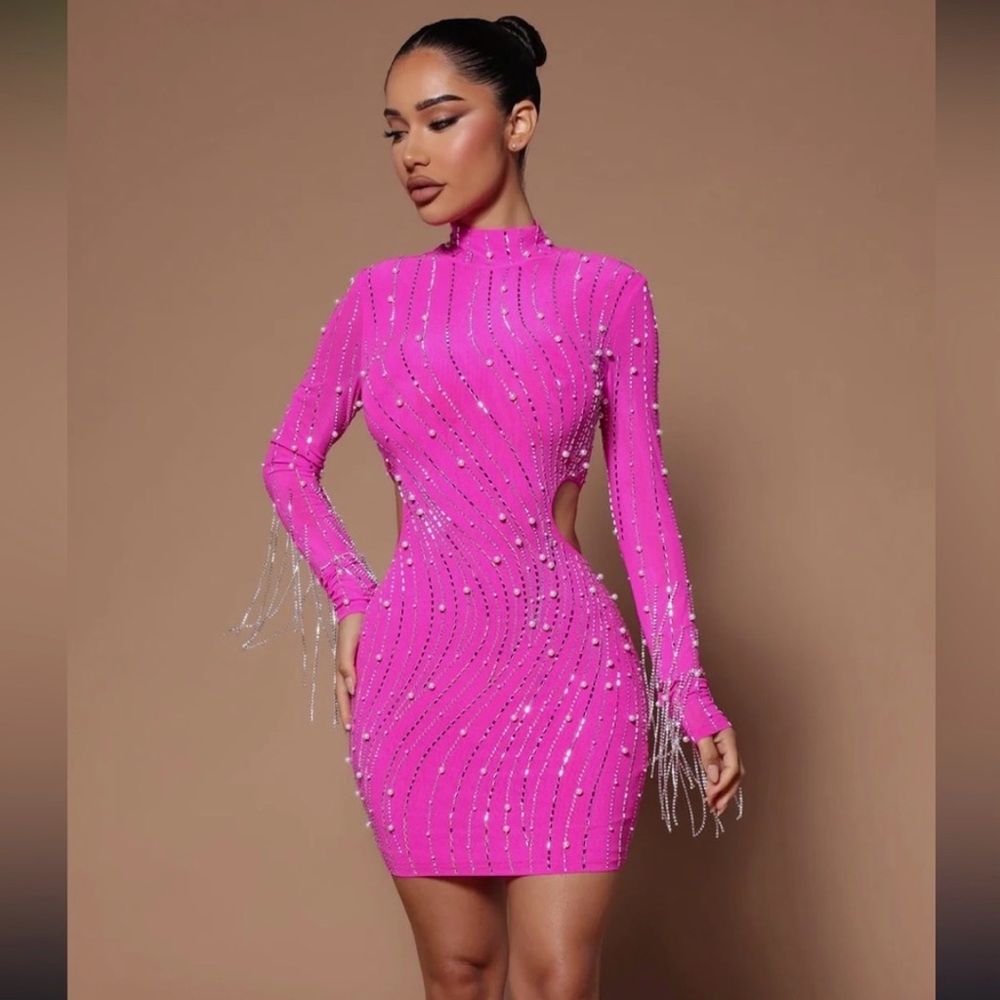 Fashion Nova Hot Pink Beaded Long Sleeve Dress